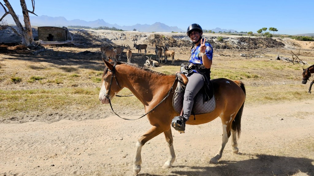 Safari horseback riding in African savanna with mountains and wildlife